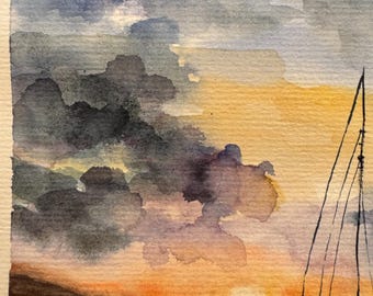 オリジナル水彩画「帆船」：カリフォルニアの海景アート 6x8 - Etsy 日本