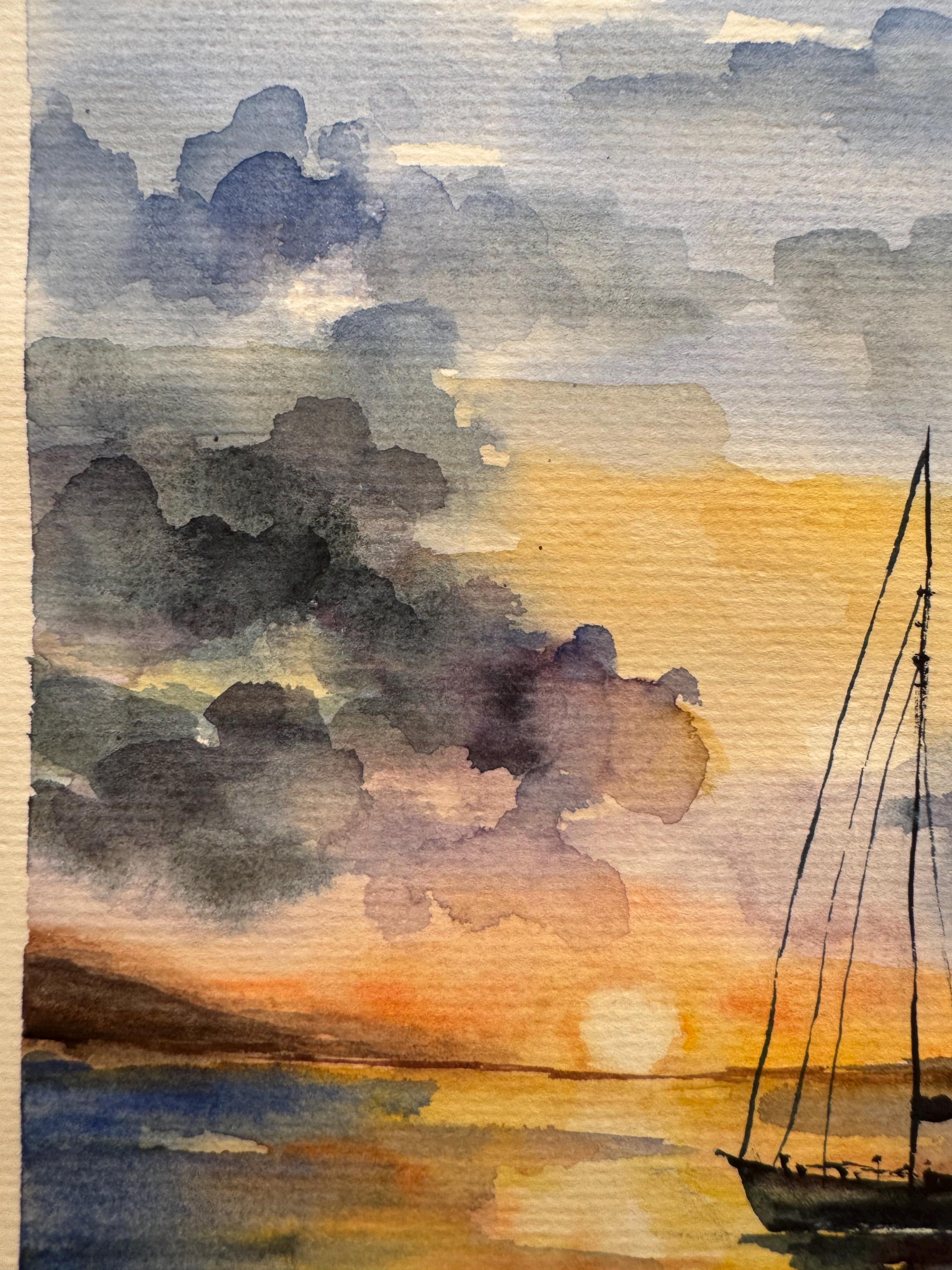 オリジナル水彩画「帆船」：カリフォルニアの海景アート 6x8 - Etsy 日本