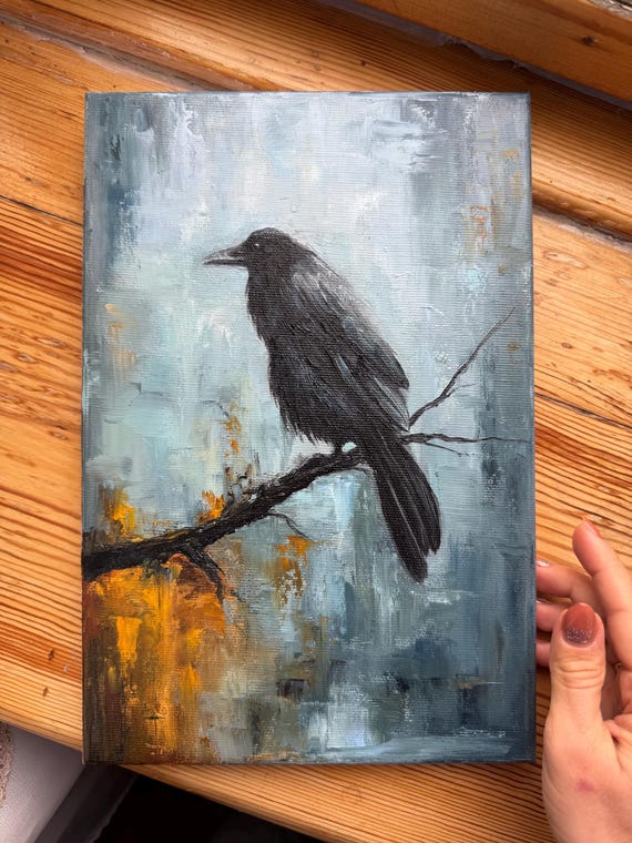 Raven Oil Painting: Impasto Black Bird Art, 12x8 Canvas - Etsy