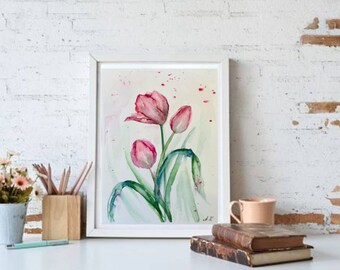 オリジナルチューリップ水彩画：小さな花のアートワーク（8x6） - Etsy