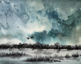 Misty Lake Painting: Original Watercolor Landscape Art (8x6 inch)