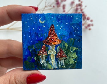 Fly Agaric Mushroom Oil Painting: Tiny Amanita Artwork (2x2 inch)