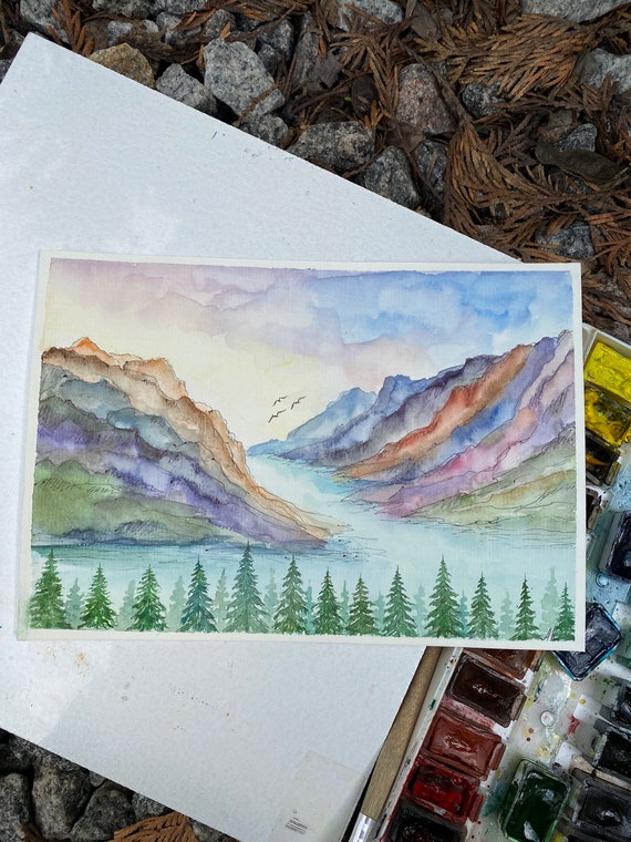 イエローストーン国立公園の絵画：オリジナル水彩山の風景画（6x8