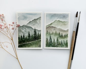Set di 2 dipinti di Smoky Mountains, acquerello originale di pino, dipinto di foresta di pini, ACEO Art, paesaggio montano, piccola opera d'arte