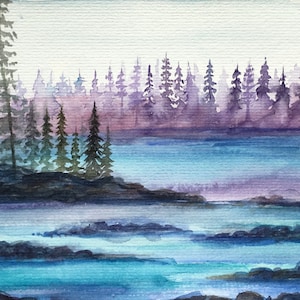 Lake Tahoe Painting Original Watercolor Art California Landscape Wall Art Pine tree watercolor painting Tahoe Lake artwork 6x8x by Alla