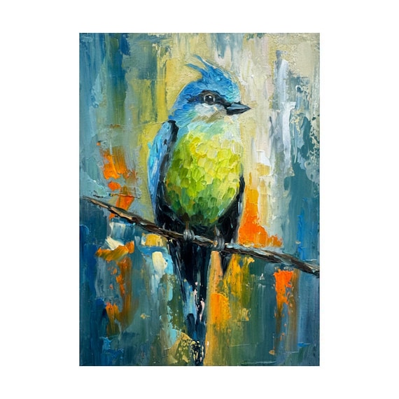 ブルージェイの油絵 鳥のアートワーク 鳥 半抽象画 壁飾り