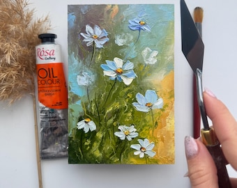 デイジーの油絵：厚塗り技法を用いた花畑の風景画（6×4インチ） - Etsy