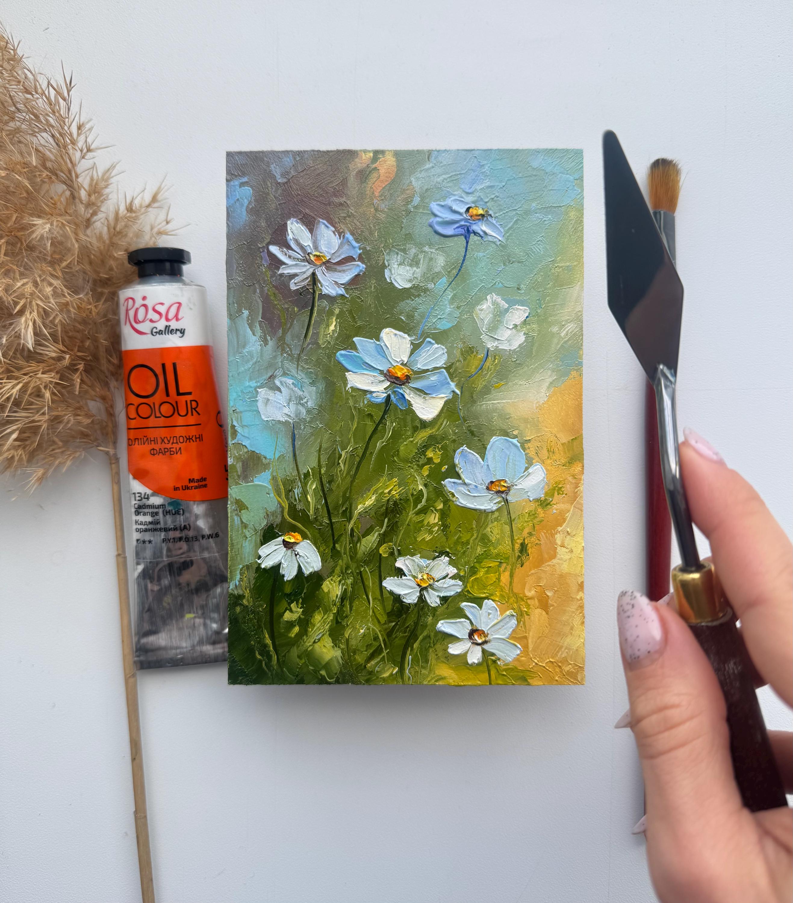 デイジーの油絵：厚塗り技法を用いた花畑の風景画（6×4インチ） - Etsy
