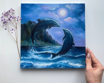 油絵:イルカ イルカの絵画：オリジナル油絵、満月の海景（10x10） - Etsy 日本