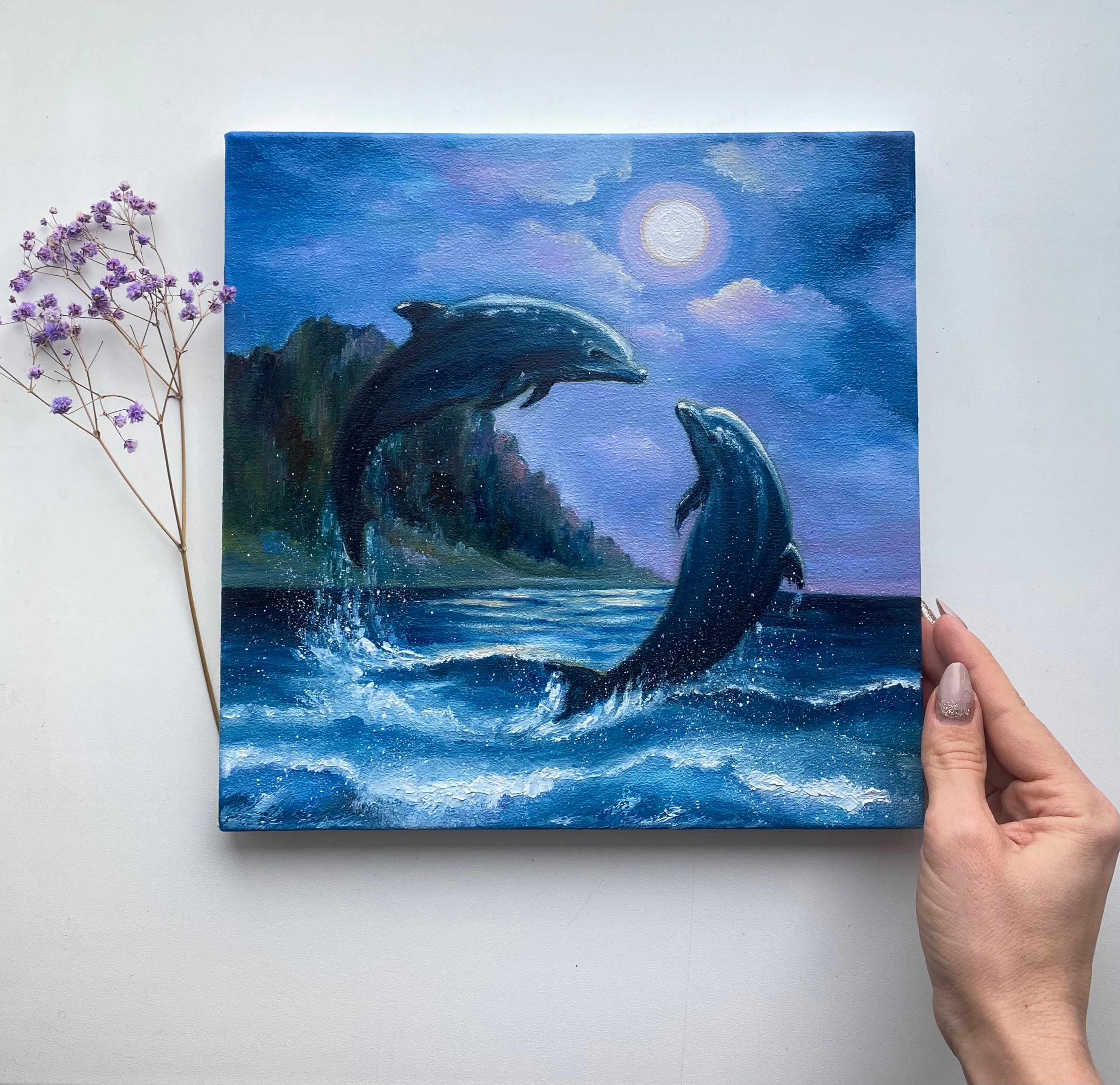 イルカの絵画：オリジナル油絵、満月の海景（10x10） - Etsy 日本