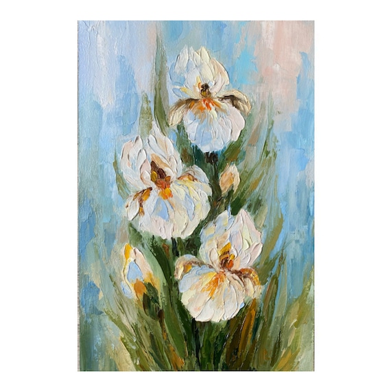 オリジナルアイリス油絵：白い花のインパストアート（12x8） - Etsy 日本
