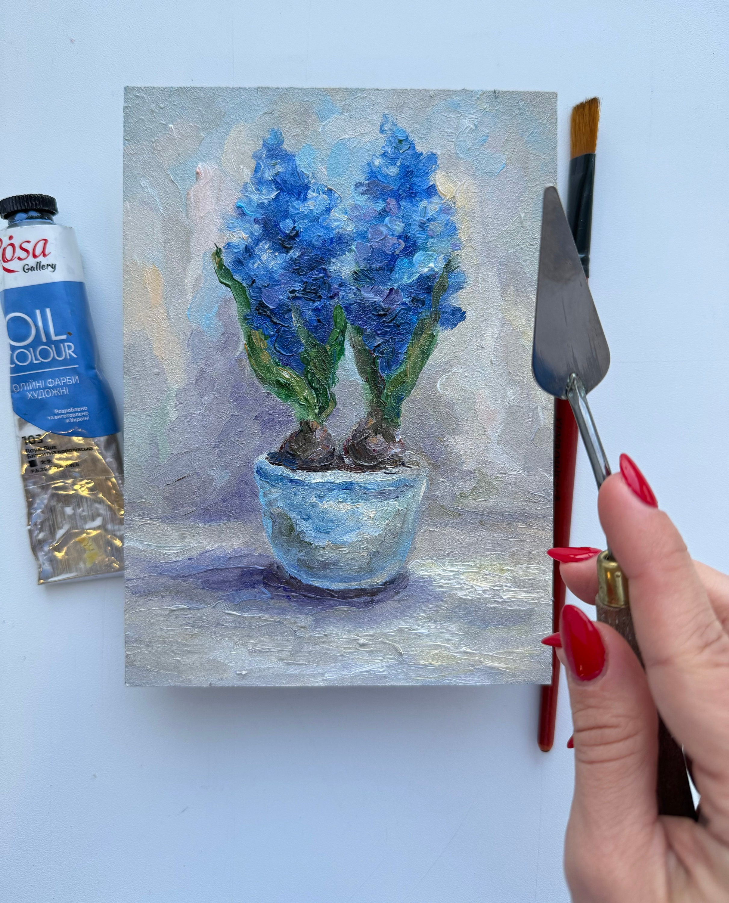 ブルーヒヤシンスのインパスト画：花の静物画、7x5インチのオリジナル
