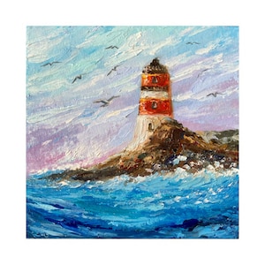 Lighthouse Painting Seascape Original Art Lighthouse Wall Art coastal seascape small painting Lighthouse impasto oil painting 6x6 by Alla