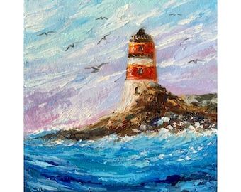 Lighthouse Seascape Oil Painting: Impasto Coastal Wall Art (6x6)