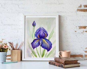 オリジナルパープルアイリス水彩画：花の壁アート（8x6） - Etsy