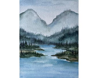 オリジナル水彩画「山と川」：松の木の風景画（6x8インチ） - Etsy 日本