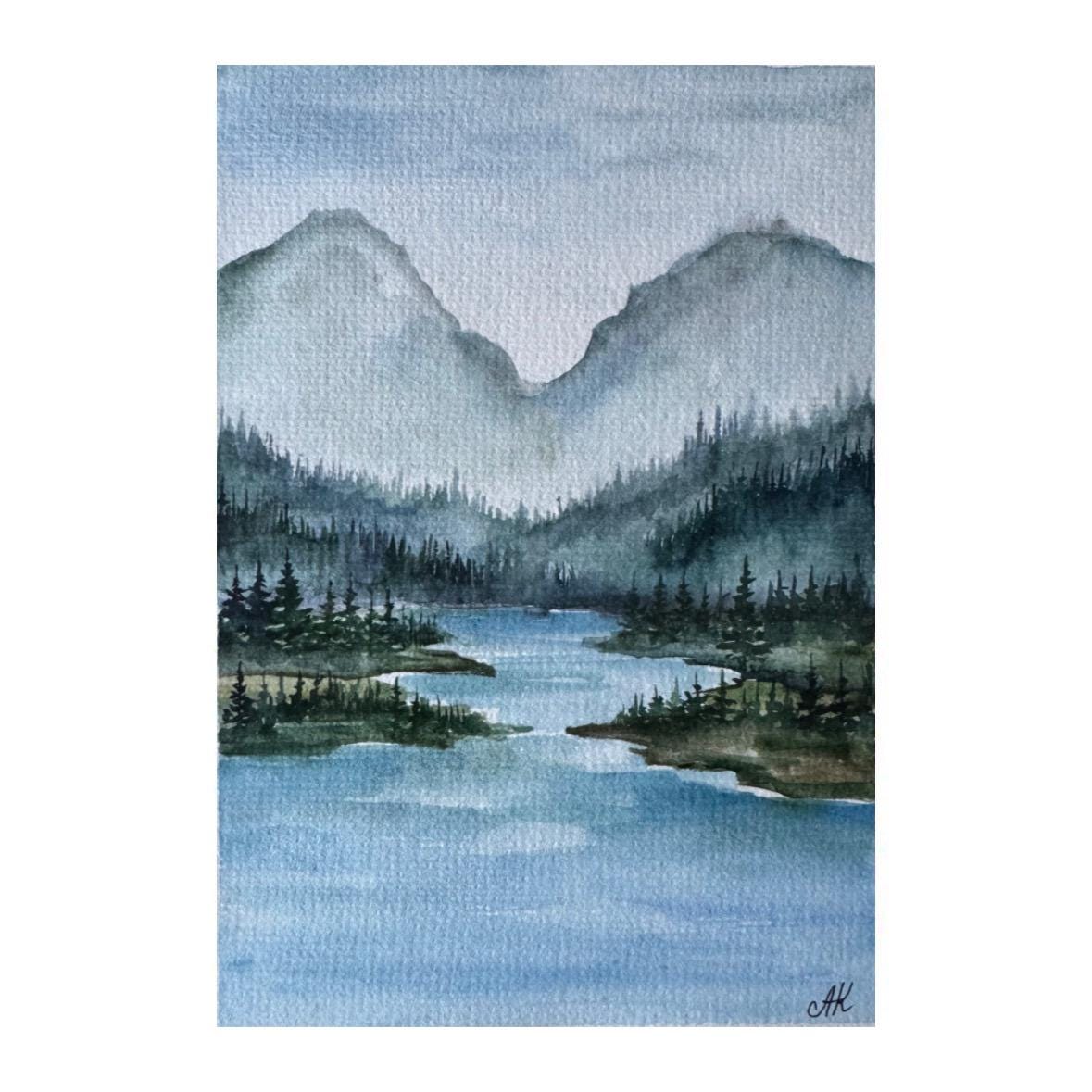 オリジナル水彩画「山と川」：松の木の風景画（6x8インチ） - Etsy 日本