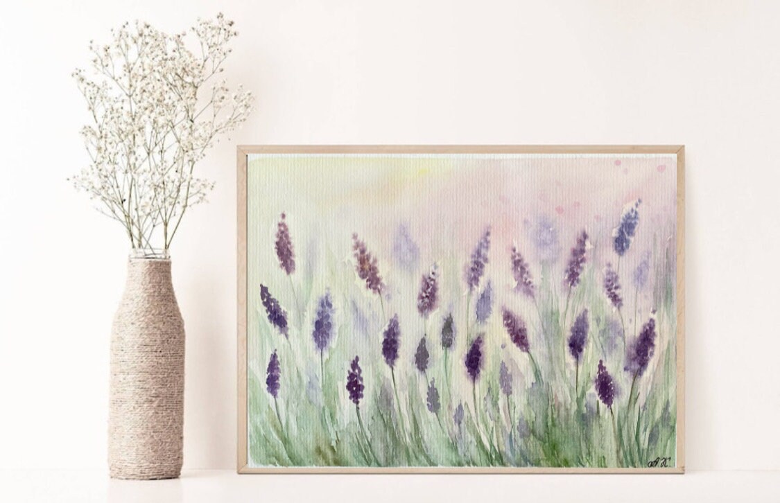 オリジナル水彩画ラベンダー畑：プロヴァンスの花の芸術（6x8） - Etsy