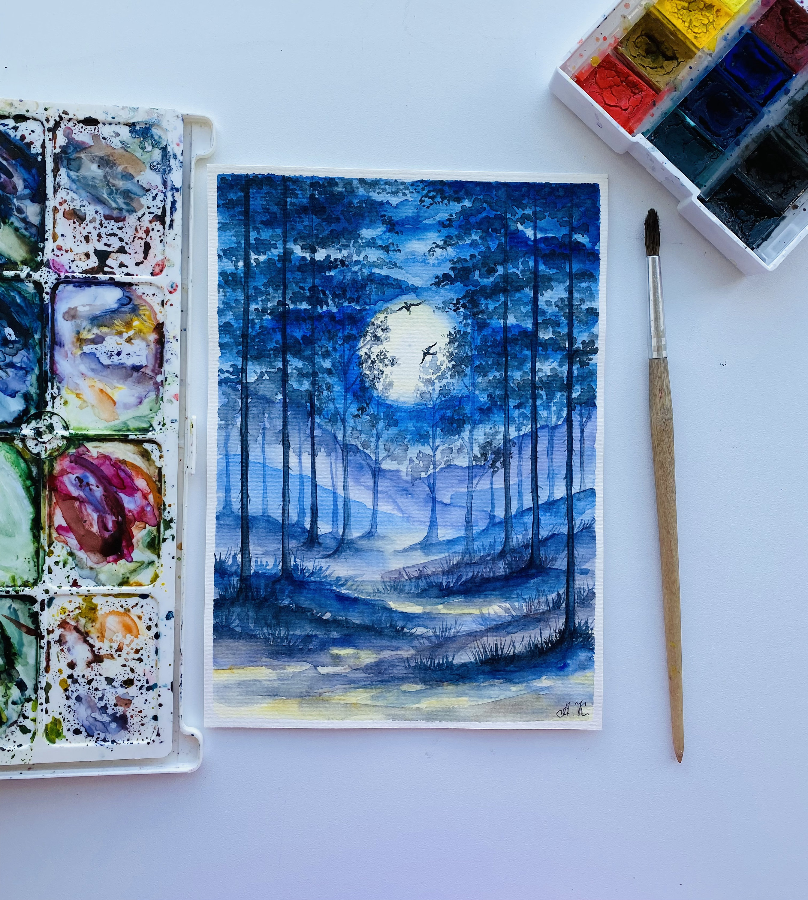 満月の松の木の水彩画：夜の森の風景画（8 x 6インチ） - Etsy 日本