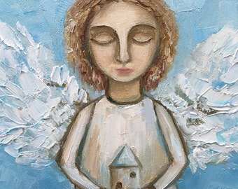 天使の絵画 守護天使 オリジナルアート 天使の羽 壁アート 天使の