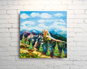グレイシャー国立公園の油絵：インパスト山岳風景画（8x8） - Etsy 日本