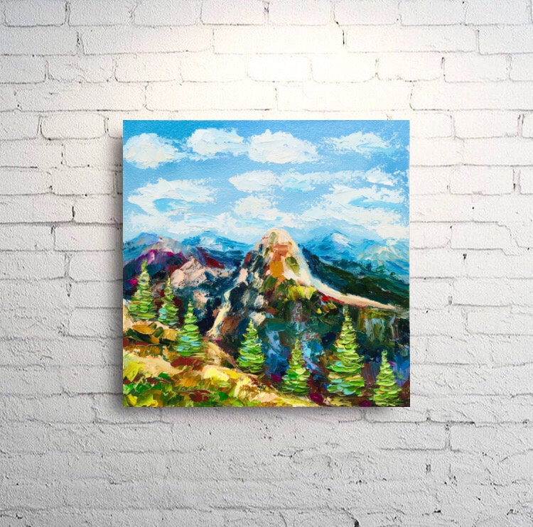 グレイシャー国立公園の油絵：インパスト山岳風景画（8x8） - Etsy 日本