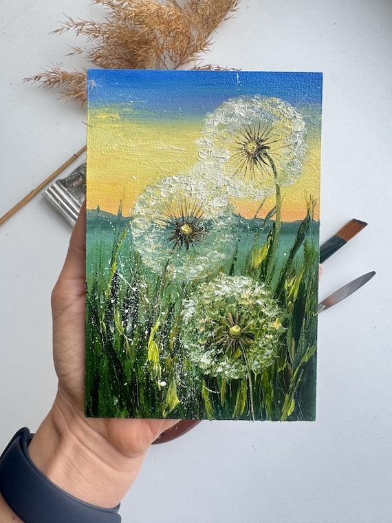 Dandelion Oil Painting: Impasto Meadow Landscape Art (6x4 Inches