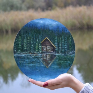 Norway Painting Scandinavian Landscape Original Art Norway Wall Art Scandinavian Chalet painting Mountain Artwork Lake round canvas art