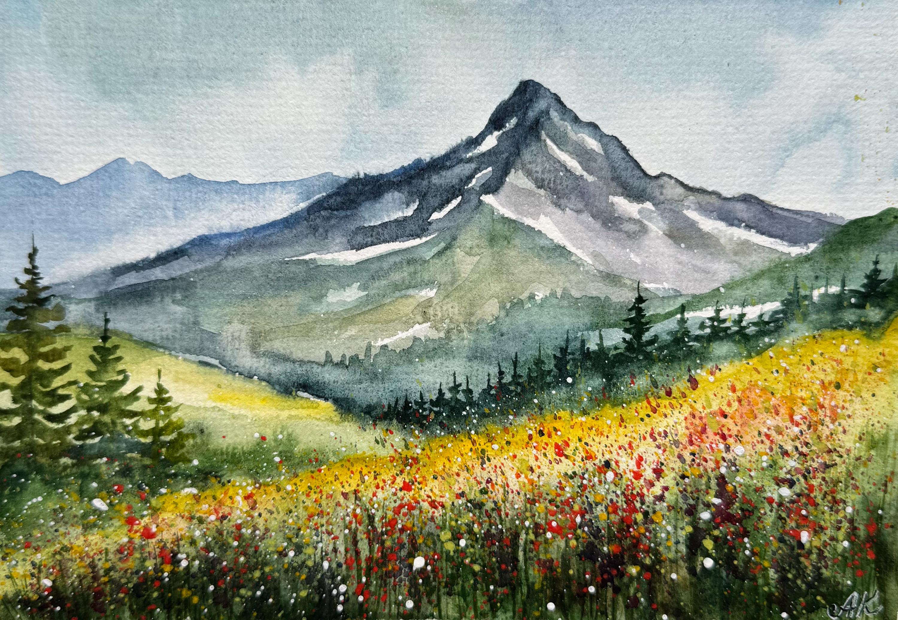 ロッキー山脈の水彩画：コロラドの野花の風景画（6x8） - Etsy 日本