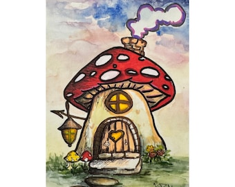 Hobbit house Watercolor Painting: Original  Fly agaric Art (8x6)