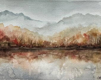 Misty Lake Watercolor Painting: Original Fall Landscape Art (8x6 inch)