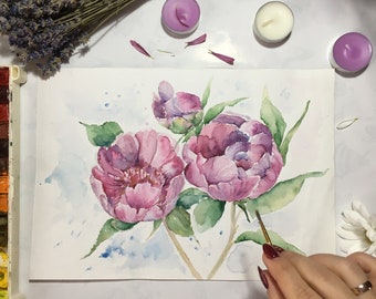 牡丹の絵画 オリジナル水彩画アート 花の絵画 ピンクの牡丹の壁