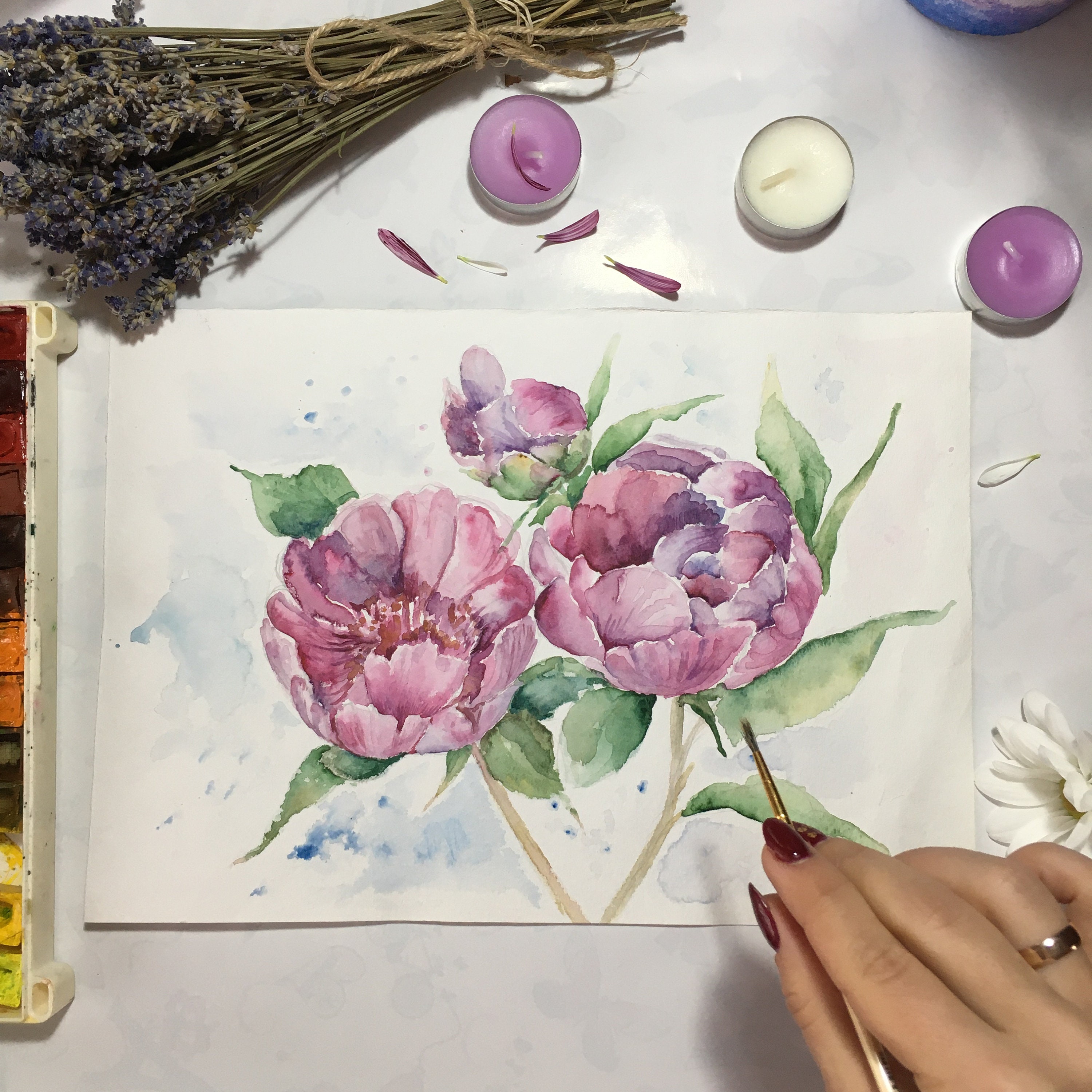 牡丹の絵画 オリジナル水彩画アート 花の絵画 ピンクの牡丹の壁
