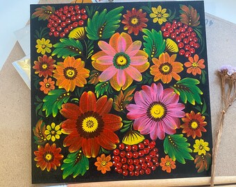 Ukrainian Flowers Painting, Original Petrykivka Floral Wall Art