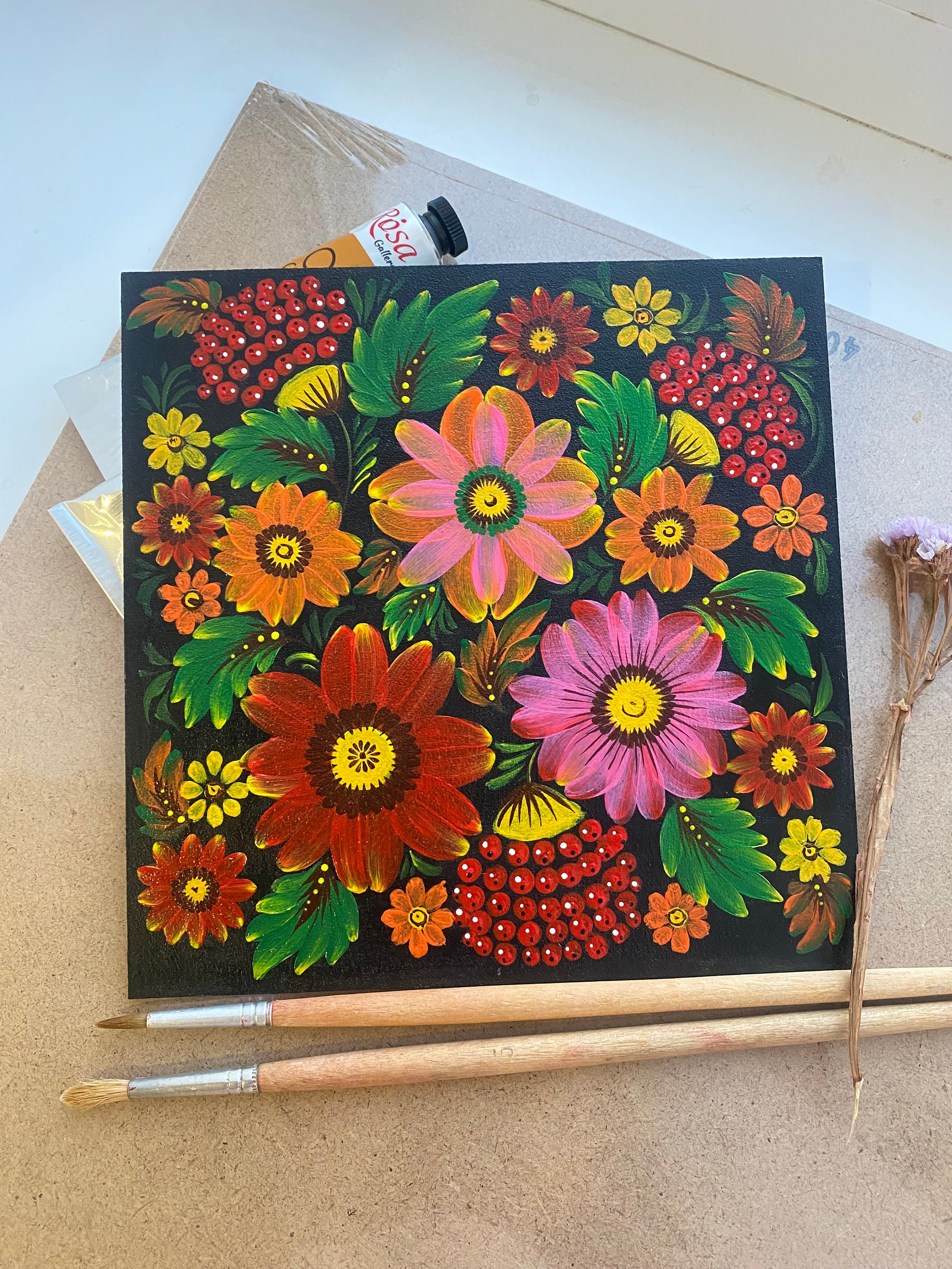 Ukrainian Flowers Painting, Original Petrykivka Floral Wall Art