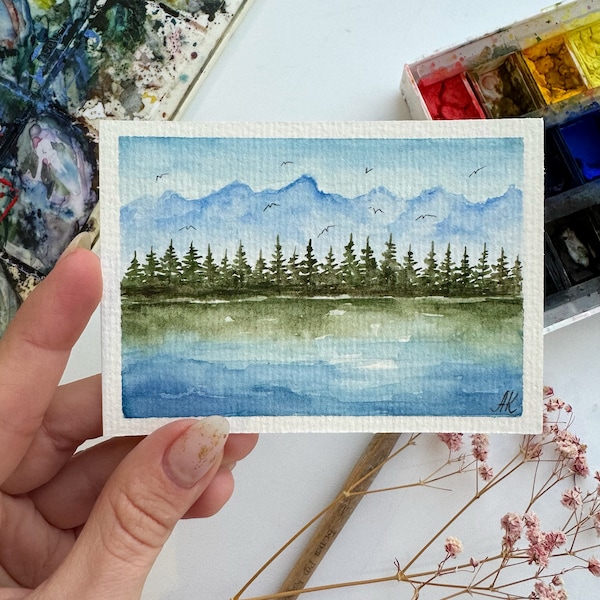 Grand Teton Painting ACEO original Watercolor Art National Park Wall Art Wyoming Mountain Landscape small artwork 3x4 by Alla