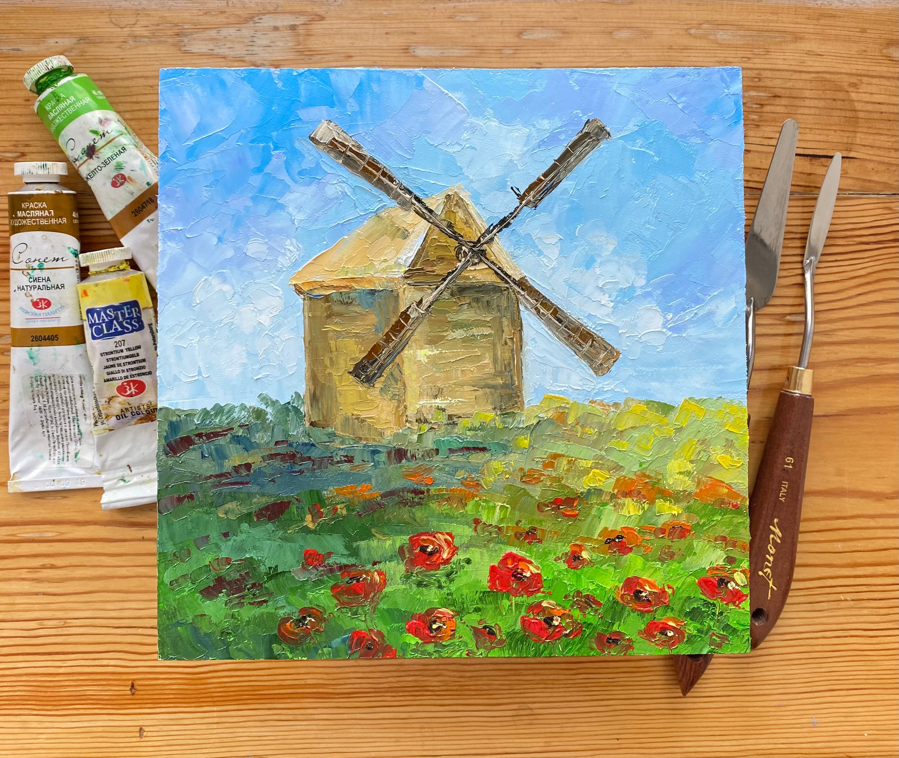 インパスト風車画：オランダの風景画オリジナルアート（8x8） - Etsy 日本