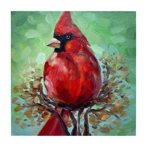 Pintura de cardenal Pájaro rojo Arte original Cardenal rojo Arte de pared Pájaro empastado Pintura al óleo Cardenal pequeña Obra de arte 8x8 por Alla