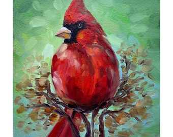 Impasto Cardinal Painting: Original Red Bird Oil on Panel 8x8