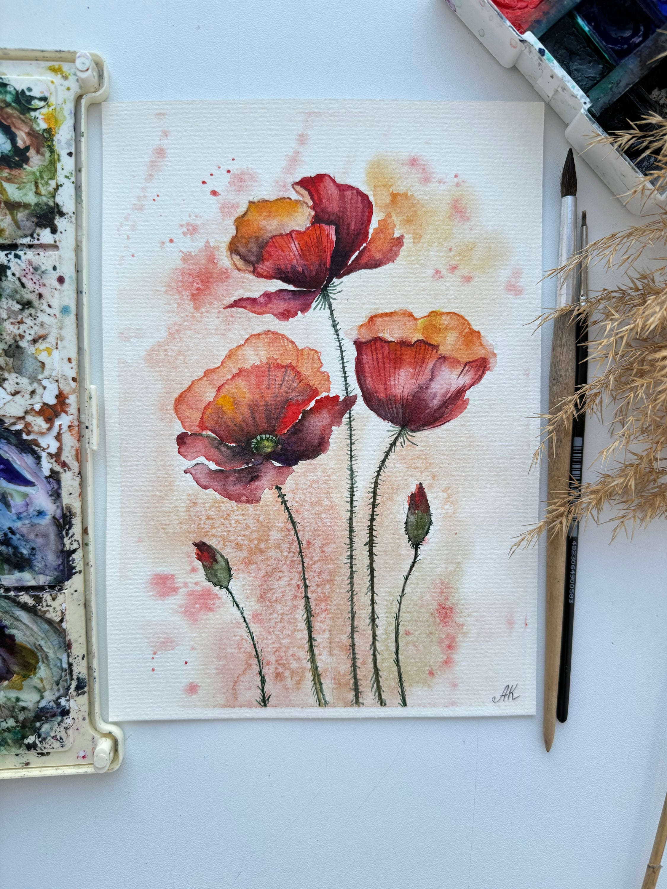カリフォルニアポピーの絵画：オリジナルの花の水彩画（6 x 8インチ