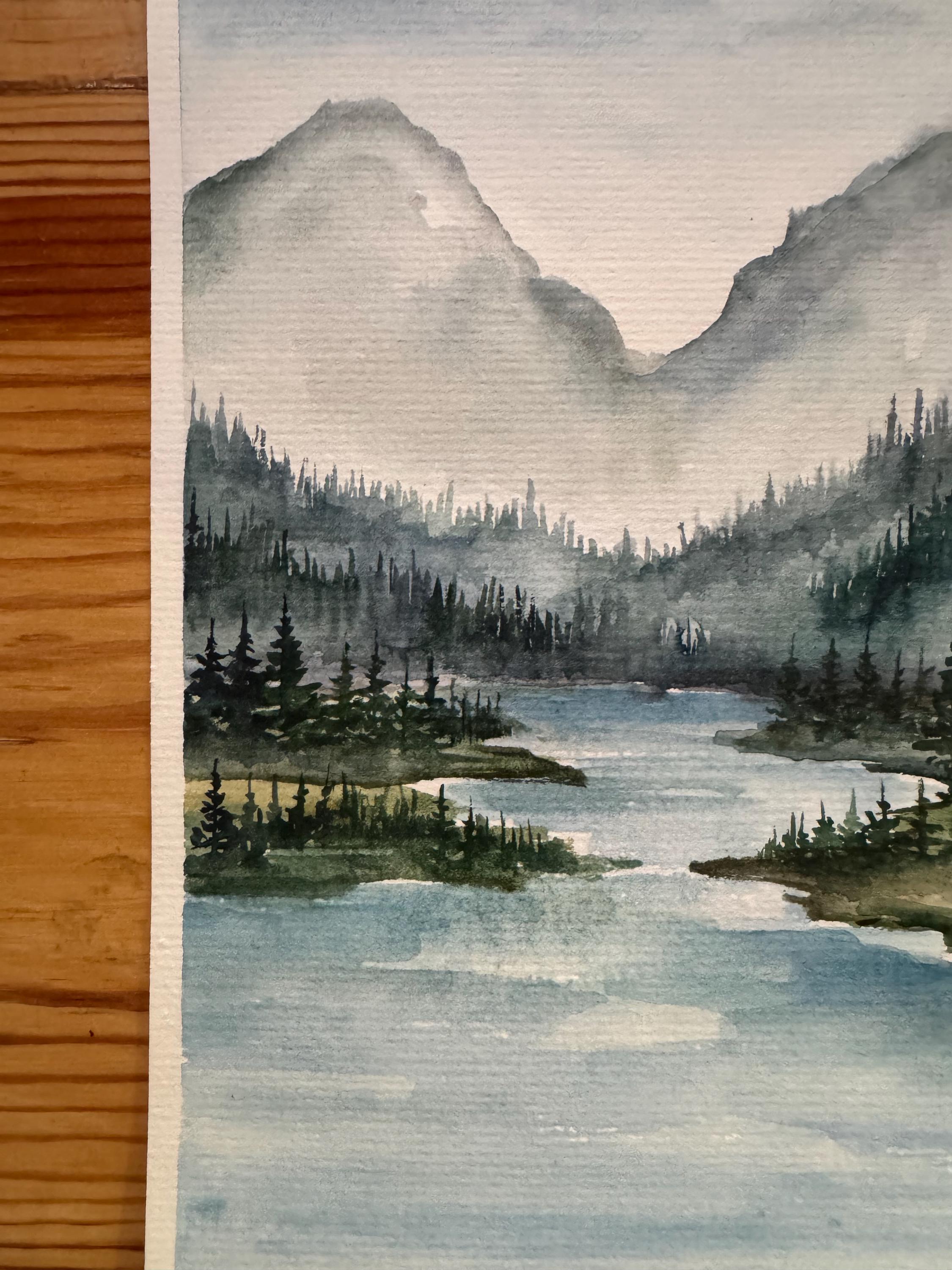 オリジナル水彩画「山と川」：松の木の風景画（6x8インチ） - Etsy 日本