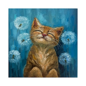 Peinture de chat roux, art original de chat Chat avec des fleurs, peinture de chat roux, art mural portrait de chat, peinture d'empâtement, art de chat heureux 20 x 20 cm