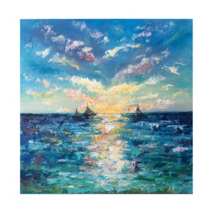 Laguna Beach Painting Impasto Sunset Seascape Original Art Laguna Beach Wall Art California Seascape Painting Sailboat artwork 12x12 by Alla