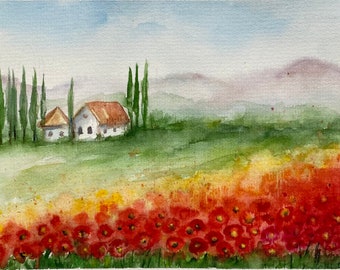 Original Tuscany Poppy Field Watercolor Painting: Italy Landscape Art (6x8)