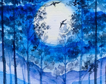 満月の松の木の水彩画：夜の森の風景画（8 x 6インチ） - Etsy 日本