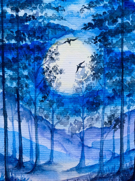 満月の松の木の水彩画：夜の森の風景画（8 x 6インチ） - Etsy 日本