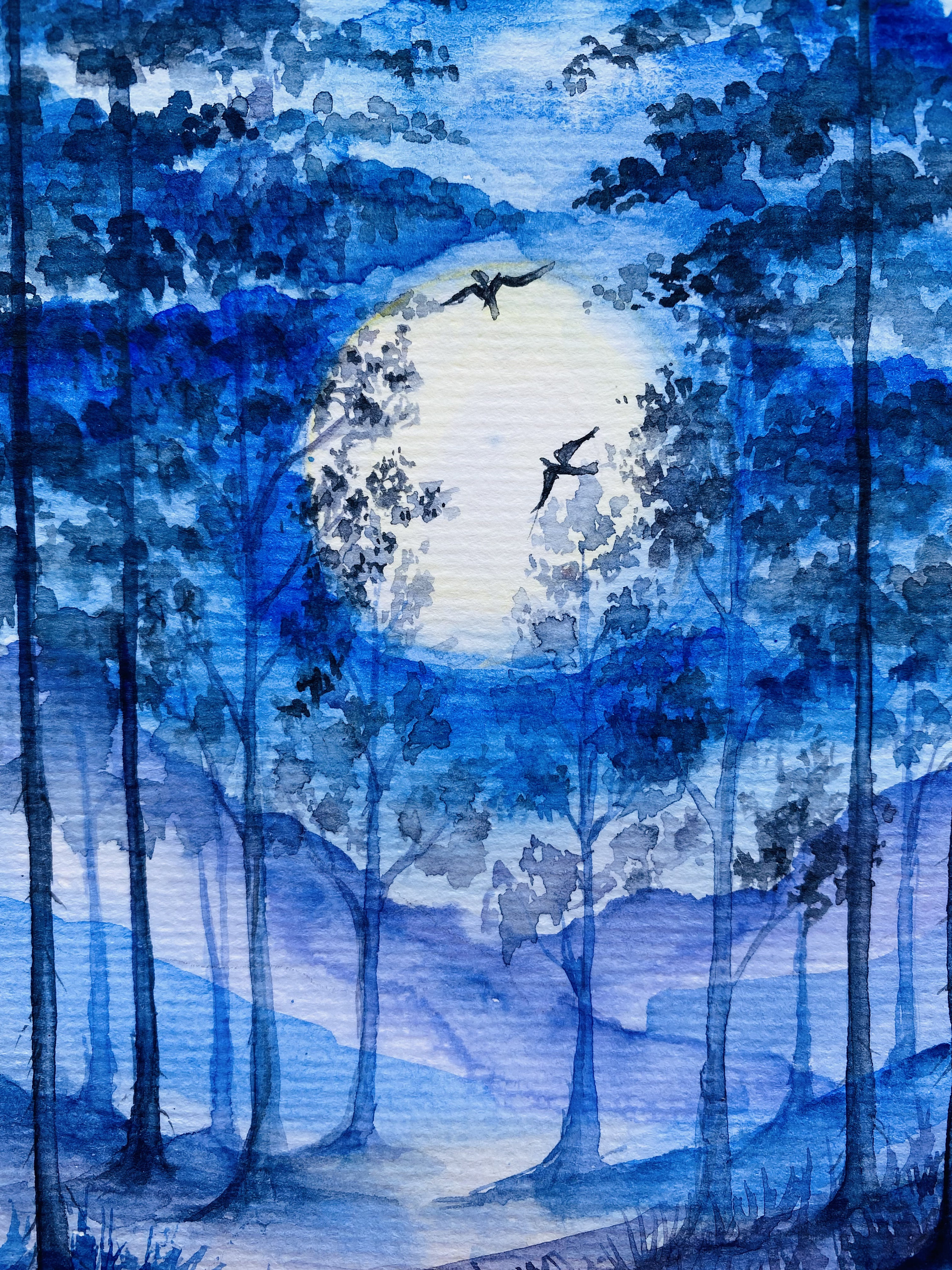 満月の松の木の水彩画：夜の森の風景画（8 x 6インチ） - Etsy 日本