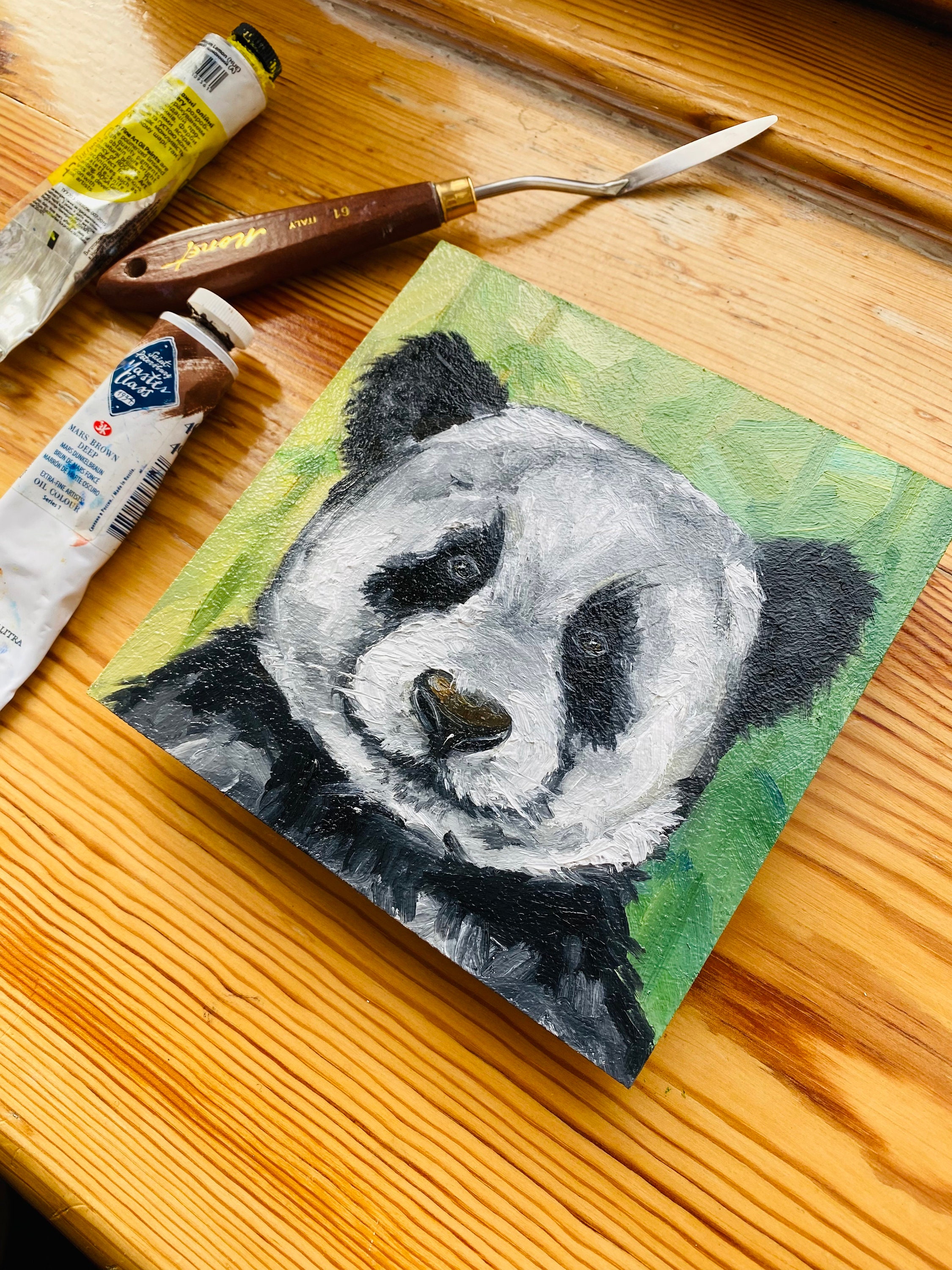 パンダの油絵：インパストクマの肖像、オリジナル動物アート（6x6