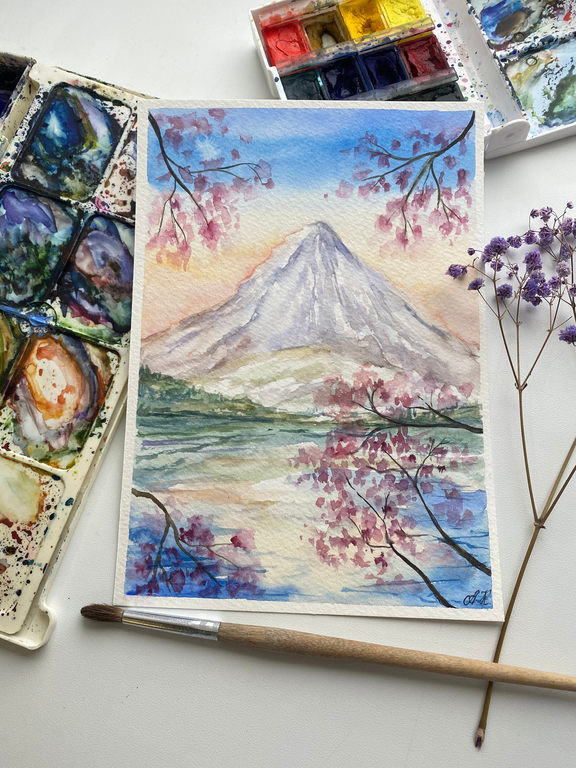 富士山の水彩画：日本の桜のアート（8x6インチ） - Etsy 日本