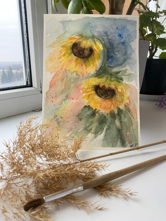 オリジナルひまわり水彩画：花の壁アート（8x6） - Etsy 日本